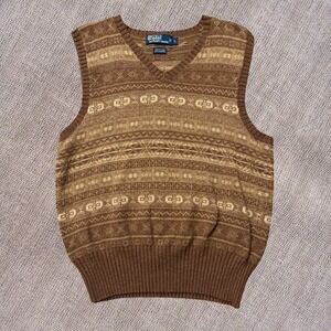 Polo Ralph Lauren Knit Sweater Fair Isle  Vest Brown Beige Cotton Cashmere L